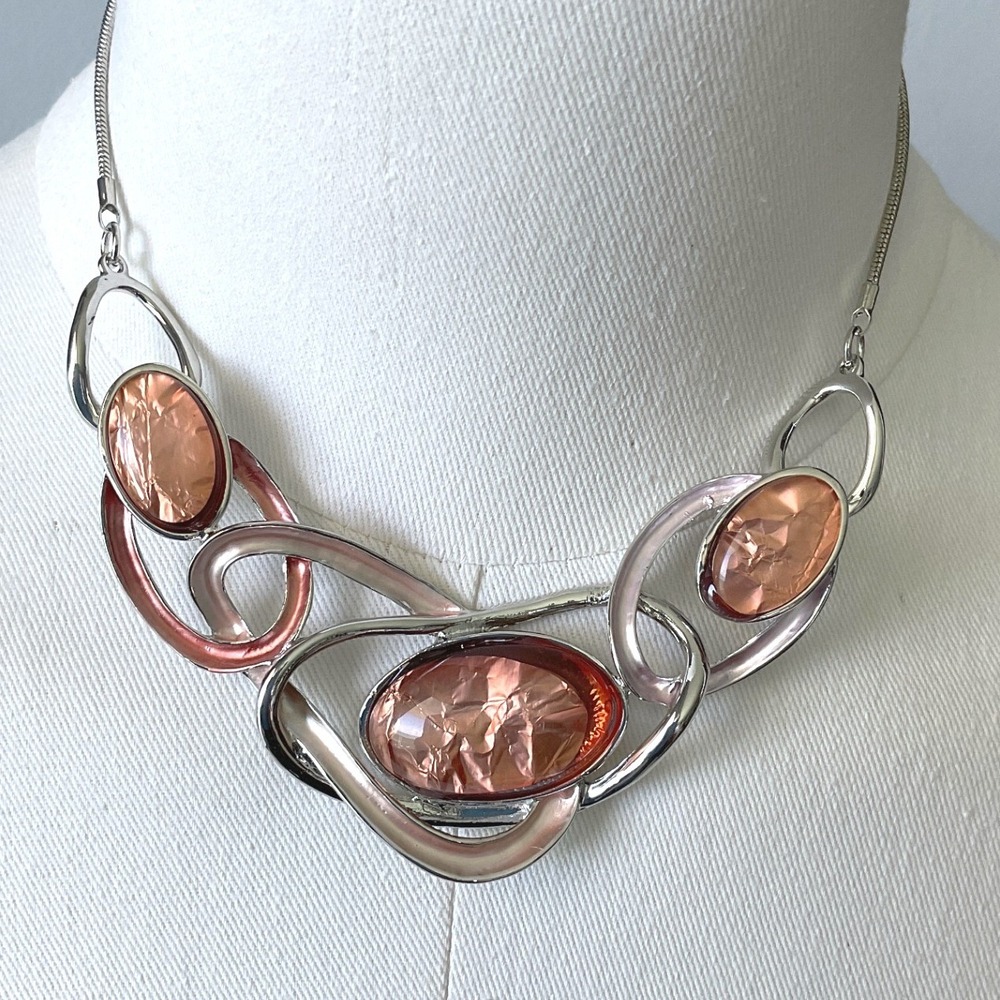 Necklace Set Silver Tone Peach Resin Lobster Clasp Statement Style New